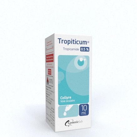 Commande de Tropicamide - Flacon de collyre sur fond blanc